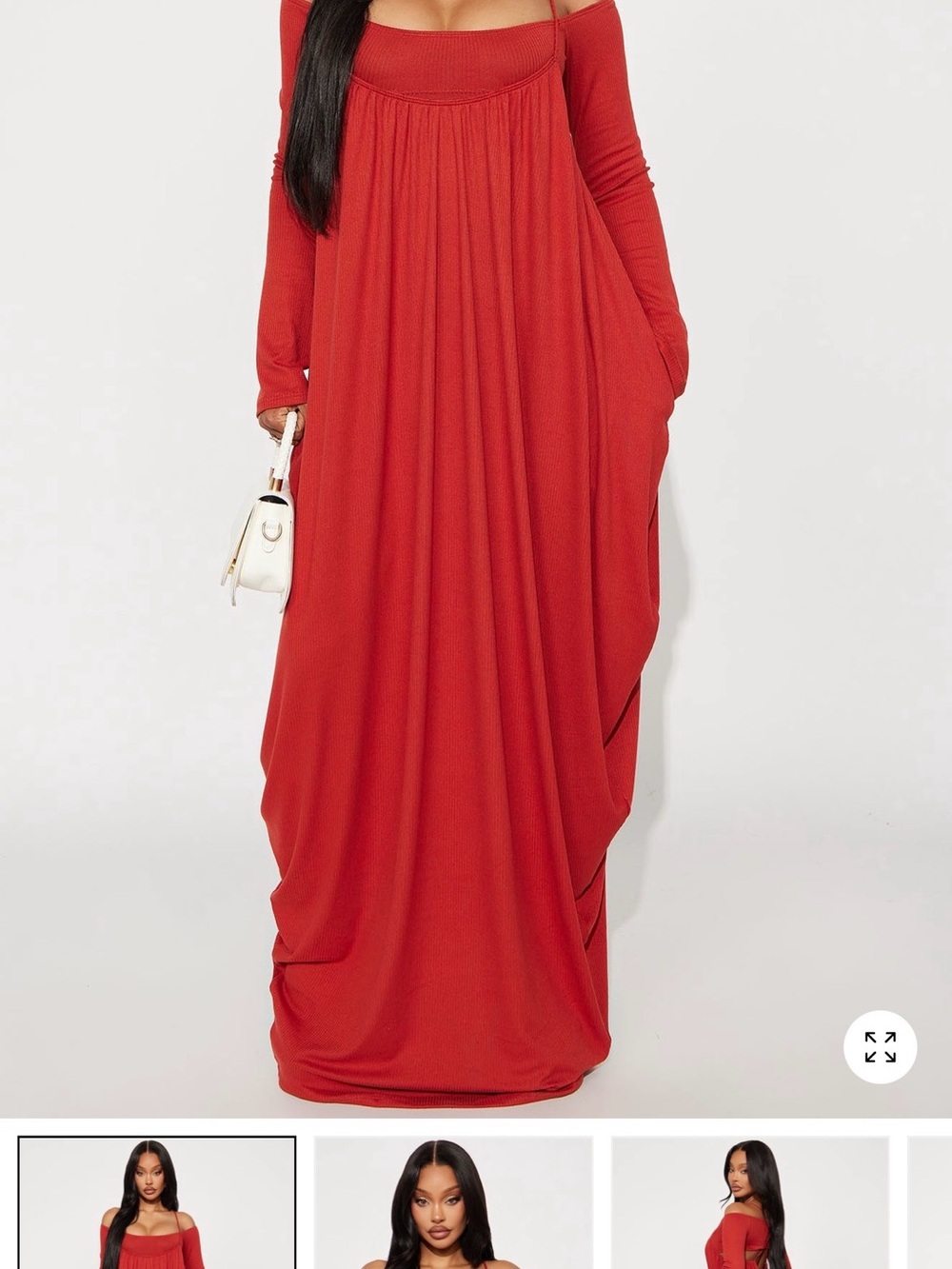 Fashion Nova Red Off-Shoulder Maxi Dress with Long Sleeves